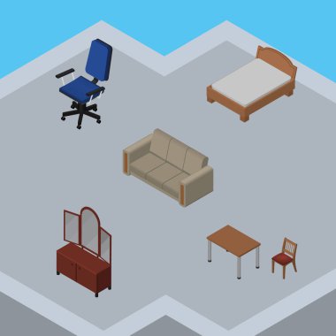 İzometrik mobilya kanepe, Office, çekmece ve diğer vektör nesneleri kümesi. Kanepe, yatak, Office öğeleri de içerir.