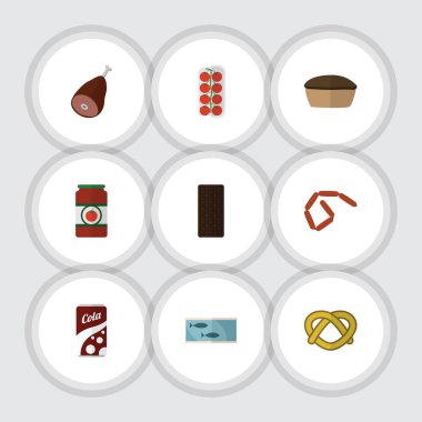 Düz simgesi yemek, gazlı içecek, Bratwurst, ketçap ve diğer vektör nesneleri ayarlayın. Ayrıca, konserve Apple, çikolata öğeleri içerir.