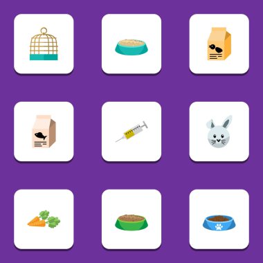 Düz simgesi hayvan tavşan yemek, besleme, Balık besin ve diğer vektör nesneleri kümesi. Ayrıca kuş kafesi, tıp, kuş öğeleri içerir.