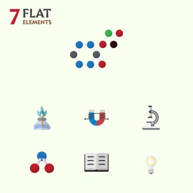 Düz simgesi bilim, çekici kuvvet, molekül, cam ve diğer vektör nesnelerini ayarlayın. Mikroskop, çekici, su öğeleri de içerir.