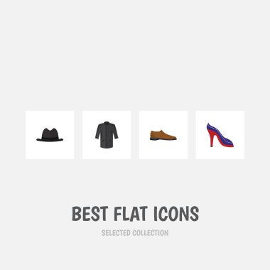 Düz simgesi elbise kümesi Panama, üniforma, topuklu ayakkabı ve diğer vektör nesneleri. Ayrıca Giysi, Ayakkabı, sandalet öğeleri içerir.