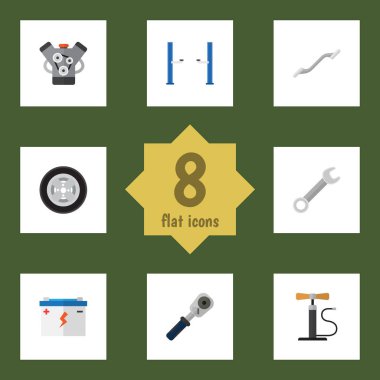 Düz simgesi hizmet Ratchet, lastik, Coupler ve diğer vektör nesneleri kümesi. Ayrıca Spanner, lastik, kilit unsurları içerir.