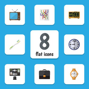 Düz simgesi Oneday kümesi büro, televizyon, evrak ve diğer vektör nesneleri. Ayrıca televizyon, Tv, zaman unsurları içerir.
