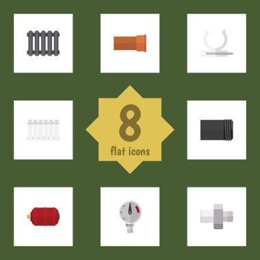 Düz simgesi sanayi bağlayıcı, döküm, radyatör ve diğer vektör nesneleri ayarlayın. Ayrıca Manometre, tüp, bağlayıcı öğeleri içerir.