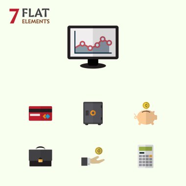 Düz simgesi kazanç hesaplama, ödeme, el ile sikke vektör nesneleri kümesi. Para, finans, banka öğeleri de içerir.