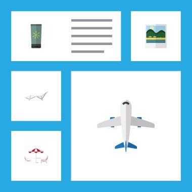 Düz simgesi Beach nemlendirici, şezlong, anımsatıcılar ve diğer vektör nesneleri kümesi. Ayrıca uçak, RECLINER, krem öğeleri içerir.