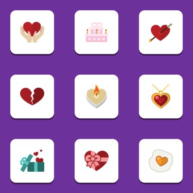 Düz simgesi tutku kümesi yangın balmumu, kalp, hediye ve diğer vektör nesneleri. Ayrıca düğün, ok, bakım öğeleri içerir.