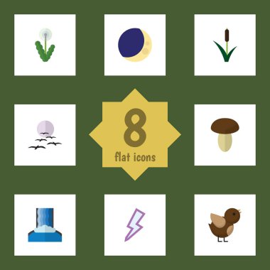 Düz simgesi doğa çağlayan, çiçek, kuş ve diğer vektör nesneleri ayarlayın. Ayrıca ay, ırmaklar, hilal öğeleri içerir.