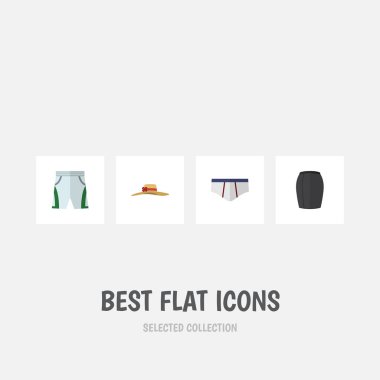 Düz simgesi elbise çamaşır grupları, şık giyim, mayo kumaş ve diğer vektör nesnelerini ayarlayın. Ayrıca giyim, şapka, çamaşır grupları öğelerini içerir.