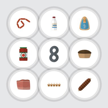 Konserve tavuk, sığır eti, yumurta kabuğu kutusu ve diğer vektör nesnelerini düz simge yemek seti. Ayrıca tavuk, sosis, füme öğeleri içerir.