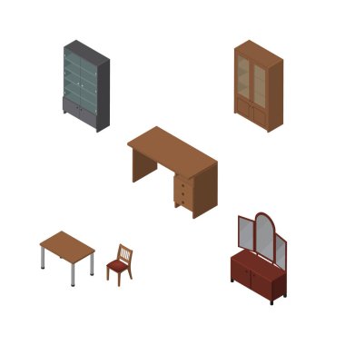 İzometrik büfe, dolap, çekmece ve diğer vektör nesneleri kümesi mobilya. Ayrıca dolap, Masa, Resepsiyon elemanları içerir.