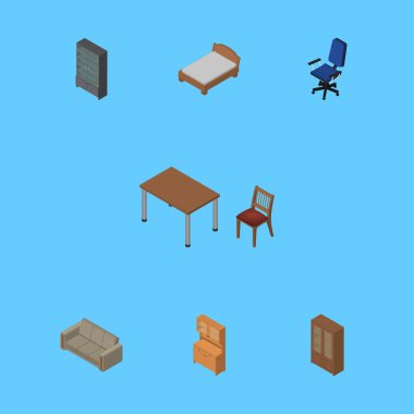 İzometrik tasarım karyola, Office, büfe ve diğer vektör nesneleri kümesi. Ayrıca yatak, kanepe, koltuk öğeleri içerir.