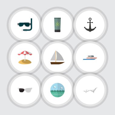 Düz simgesi yaz şezlong, tüplü dalış, nemlendirici ve diğer vektör nesnelerini ayarlayın. Ayrıca tekne, içerir krem, plaj öğeleri.
