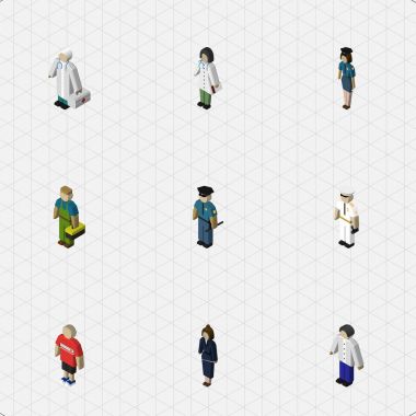 İzometrik kişi denizci, memur, iş kadını ve diğer vektör nesneleri kümesi. Ayrıca polis, denizci, polis öğeleri içerir.