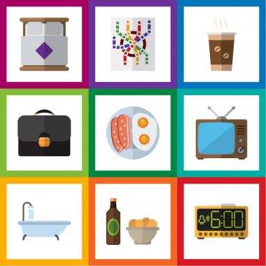 Flat Icon Lifestyle Set Of Beer With Chips, Electric Alarm, Television And Other Vector Objects. Also Includes Bedroom, Shower, Cup Elements. clipart