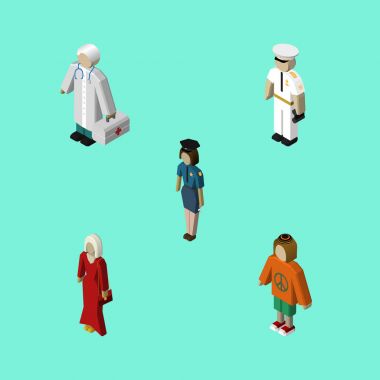 İzometrik insanlar denizci, kadın, kadın polis ve diğer vektör nesneleri kümesi. Ayrıca kadın, hippi, memur unsurları içerir.