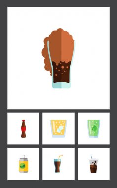 Düz simgesi içki kümesi gazlı, Kupası, gazlı içecek ve diğer vektör nesneleri. Ayrıca yiyecek, içecek, Kupası, içki unsurları içerir.