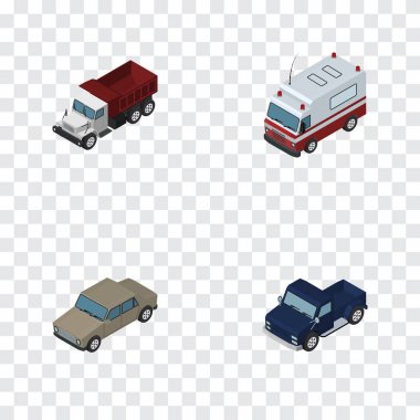 İzometrik taşıma Oto, nakliye, ilk yardım ve diğer vektör nesneleri kümesi. Ayrıca araba, yardım, toplama öğeleri içerir.