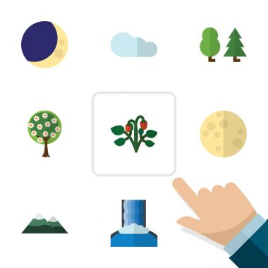 Düz simgesi doğa Berry, ağaç, yarım ay ve diğer vektör nesneleri kümesi. Hilal, nehir, bulut öğeleri de içerir.