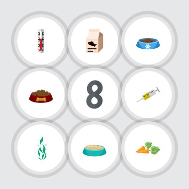 Düz simgesi evcil hayvan kök sebze, yemek yeme, kedi besleme ve diğer vektör nesneleri kümesi. Ayrıca şırınga, tıp, su unsurları içerir.