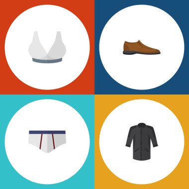 Düz simgesi elbise kümesi çamaşır grupları, erkek Footware, Brasserie ve diğer vektör nesneleri. Ayrıca ayakkabı, üniforma, sutyen öğeleri içerir.