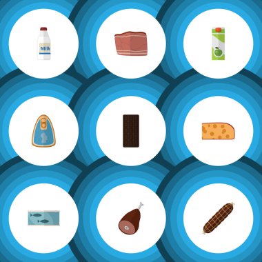 Sığır eti, teneke Tuna, konfeksiyon ve diğer vektör nesnelerini düz simge yemek seti. Ayrıca içerir Bar, tavuk, sığır eti elemanları.