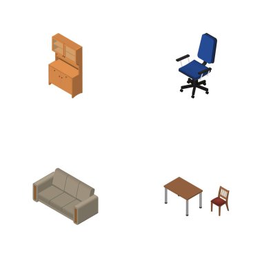İzometrik mobilya kanepe, dolap, sandalye ve diğer vektör nesneleri kümesi. Ayrıca koltuk, Masa, sandalye unsurları içerir.