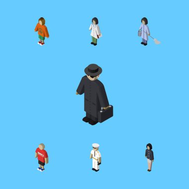 Doktor, adam, kızı ve diğer vektör nesneleri izometrik insan kümesi. Ayrıca hippi, süpürge, çocuk öğeleri içerir.