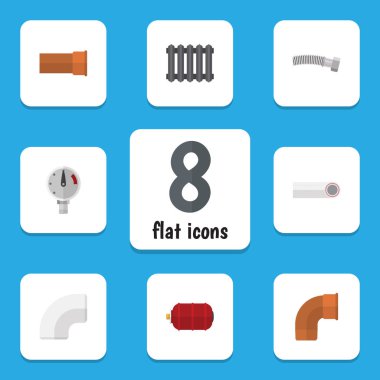 Düz simgesi sıhhi tesisat basıncı, ısıtıcı, konteyner ve diğer vektör nesnelerini ayarlayın. Oluklu, ölçek, Manometre öğeleri de içerir.