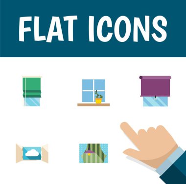 Düz simgesi pencere kümesi perde, bulut, saksı ve diğer vektör nesneleri. Ayrıca perde, bulut, çerçeve öğeleri içerir.