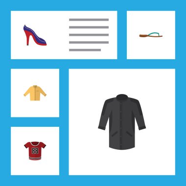 Düz simgesi elbise dizi topuklu ayakkabı, T-Shirt, plaj sandalet vektör nesneleri. Banyan, Kimono, adam öğeleri de içerir.