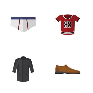 T-Shirt, çamaşır grupları, üniforma ve diğer vektör nesnelerini düz simge kıyafet seti. Ayrıca iç çamaşırı, elbiseler, Kimono öğeleri içerir.