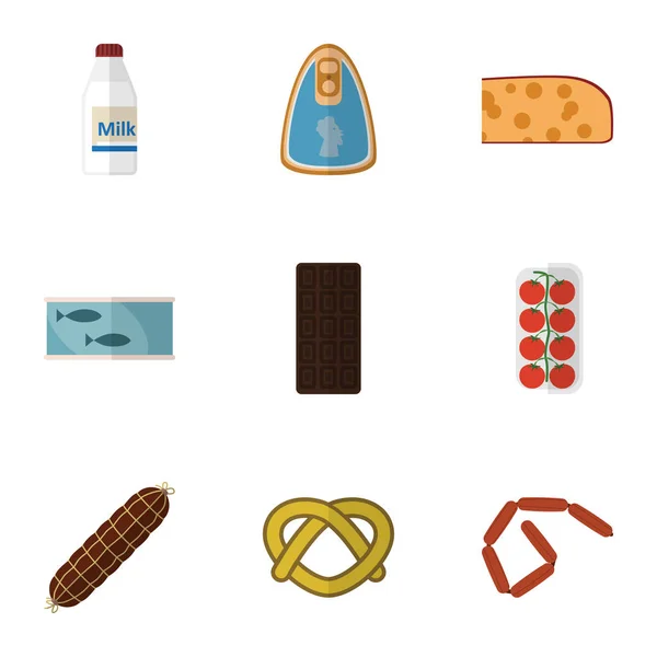 吃的饼干、 糖果、 熏煮香肠和其他矢量对象集的平面图标。此外包括苹果，饼干，牛奶元素. — 图库矢量图片