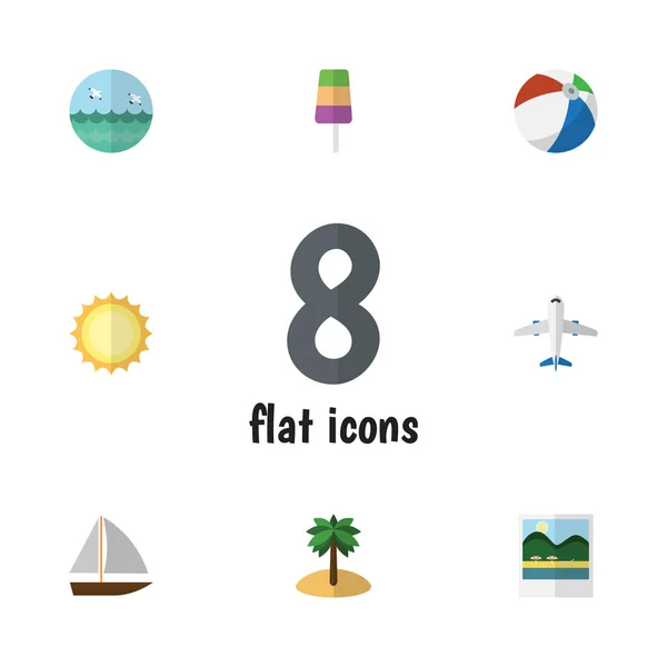 Platt ikonen Beach uppsättning Ocean, fruktglass, kokos och andra vektorobjekt. Innehåller också sfär, Craft, Yacht element. — Stock vektor