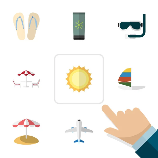 Icono plano Set de playa de humectante, sol, Reclinador y otros objetos vectoriales. También incluye Aviones, Sandalias, Elementos de Playa . — Vector de stock