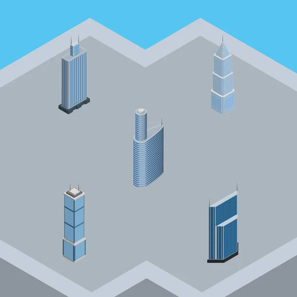 Isometrisk skyskrapa uppsättning byggnaden, Business Center, exteriör och andra vektorobjekt. Innehåller även lägenhet, skyskrapa, stadsbilden element. — Stock vektor