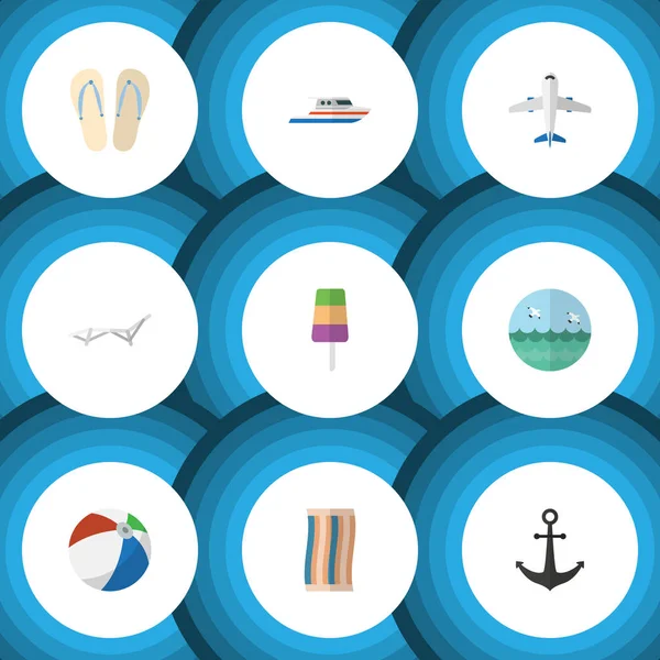 Icono plano conjunto de verano de limpiaparabrisas, aviones, gancho de la nave y otros objetos vectoriales. También incluye aviones, ancla, elementos de yate . — Vector de stock
