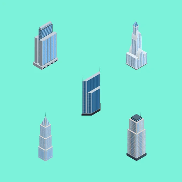 Izometrické mrakodrap soubor obytných, městské, věž a ostatní vektorové objekty. Zahrnuje také Tower, Urban, mrakodrap prvky. — Stockový vektor