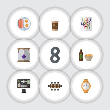 Düz simgesi Oneday kümesi kapuçino, cips, yönlendirici ve diğer vektör nesneleri ile bira. Ayrıca kapuçino, Snack, büro elemanları içerir.