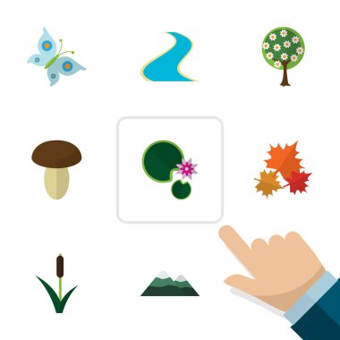 Düz simgesi ekoloji Lotus, tepe, Champignon ve diğer vektör nesneleri kümesi. Ayrıca mantar, güve, en yüksek öğeleri içerir.