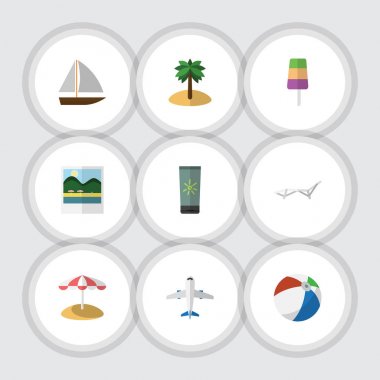 Düz simgesi Beach yat, uyarı mektupları, uçak ve diğer vektör nesneleri kümesi. Dondurma, yat, plaj öğeleri de içerir.