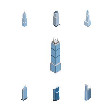 İzometrik Bina dış, Bina, Cityscape ve diğer vektör nesneleri kümesi. Ayrıca konut, içerir daire, gökdelen elemanları.