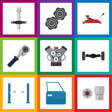 Düz simgesi hizmet süspansiyon, otomatik Jack, kaldırma ve diğer vektör nesneleri kümesi. Ayrıca kemer, kasnak, Turnscrew öğeler içerir.