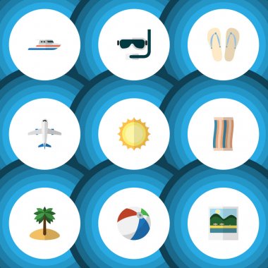Düz simgesi Beach plaj sandaletleri, güneş, uçak vektör nesneleri kümesi. Ayrıca topu, Palm, yuvarlak öğeleri içerir.