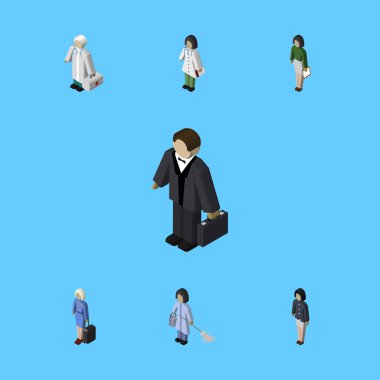 Doktor, kız, yatırımcı ve diğer vektör nesnelerini izometrik insan kümesi. Ayrıca iş adamı, süpürge, hizmetçi öğeleri içerir.