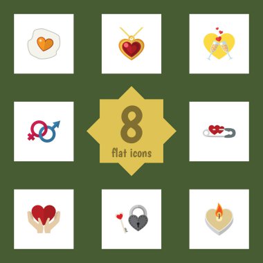 Yangın balmumu, şifreli, kutlama ve diğer vektör nesnelerini düz simge aşk seti. Ayrıca içerir kapalı, cinsiyet, güvenlik elemanları.