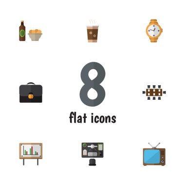 Düz simgesi yaşam tarzı büro, Cappuccino, televizyon ve diğer vektör nesnelerini ayarlayın. Ayrıca bira, çanta, bavul öğeleri içerir.