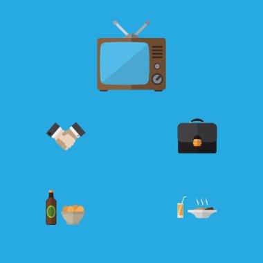 Düz simgesi hayat dizi evrak çantası, cips, televizyon ve diğer vektör nesneleri ile bira. Ayrıca içki, yayın, besin öğeleri içerir.