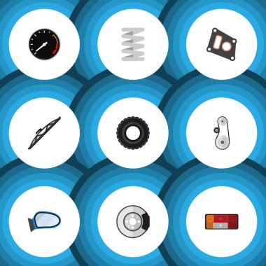 Düz simgesi otomatik kümesi conta, ön cam, Tachometr ve diğer vektör nesneleri. Ayrıca kemer, Far, stop lambası öğeleri içerir.