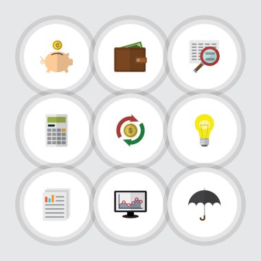 Düz simgesi Finans kümesi hesaplama, şemsiye, tarama ve diğer vektör nesneleri. Ayrıca Beach, belge, Büyüteç'i öğeleri içerir.